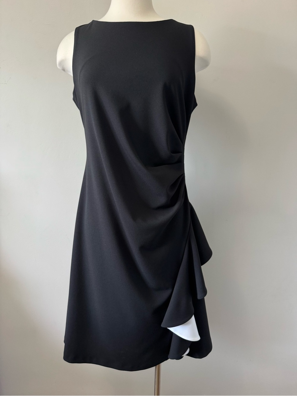 Joseph Ribkoff Black Midi Dress with White Ruffle Accent size 14